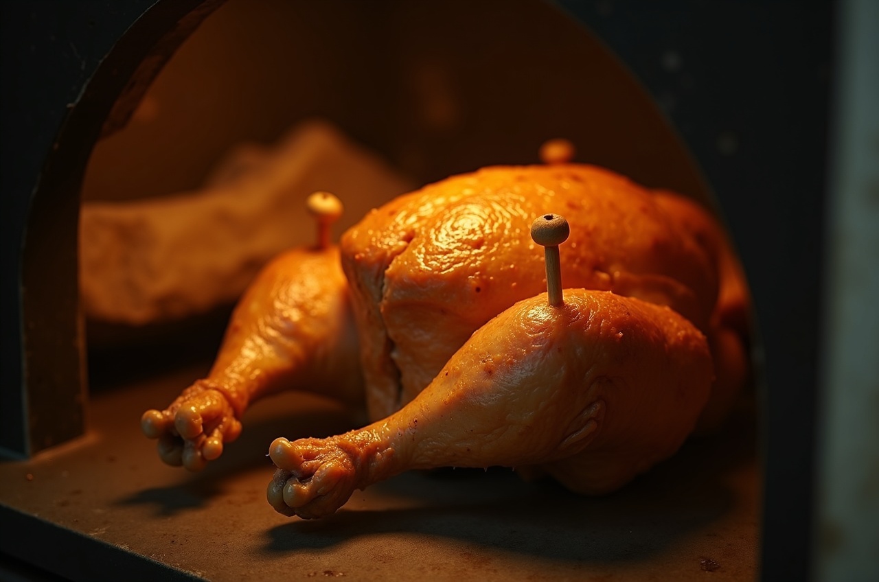 Pollo entero dorado saliendo del horno de leña, sostenido con pinzas por el cocinero, humo visible
