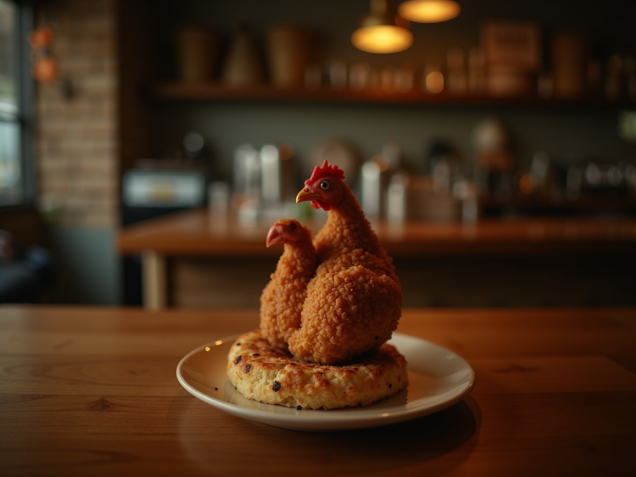 Pollo entero cortado sobre tabla de madera, jugos visibles, mesa de bar al fondo