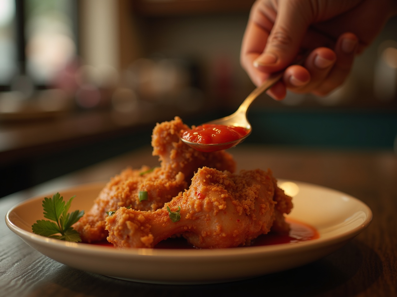Medio pollo glaseado en plato de peltre, brillo de la salsa, mano sirviendo salsa extra