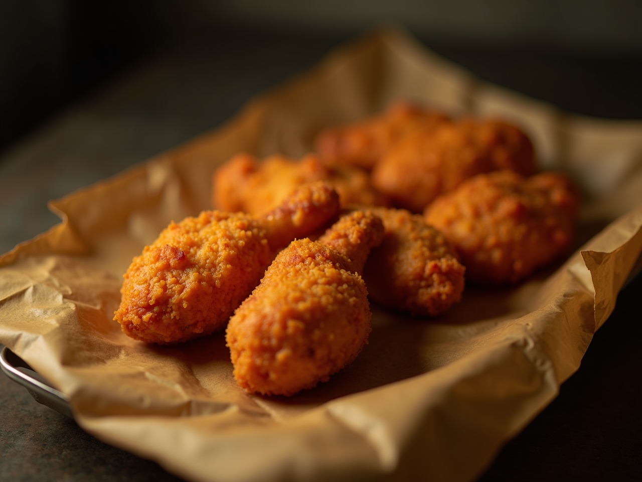 Alitas de pollo apiladas sobre papel encerado, marcas de parrilla visibles