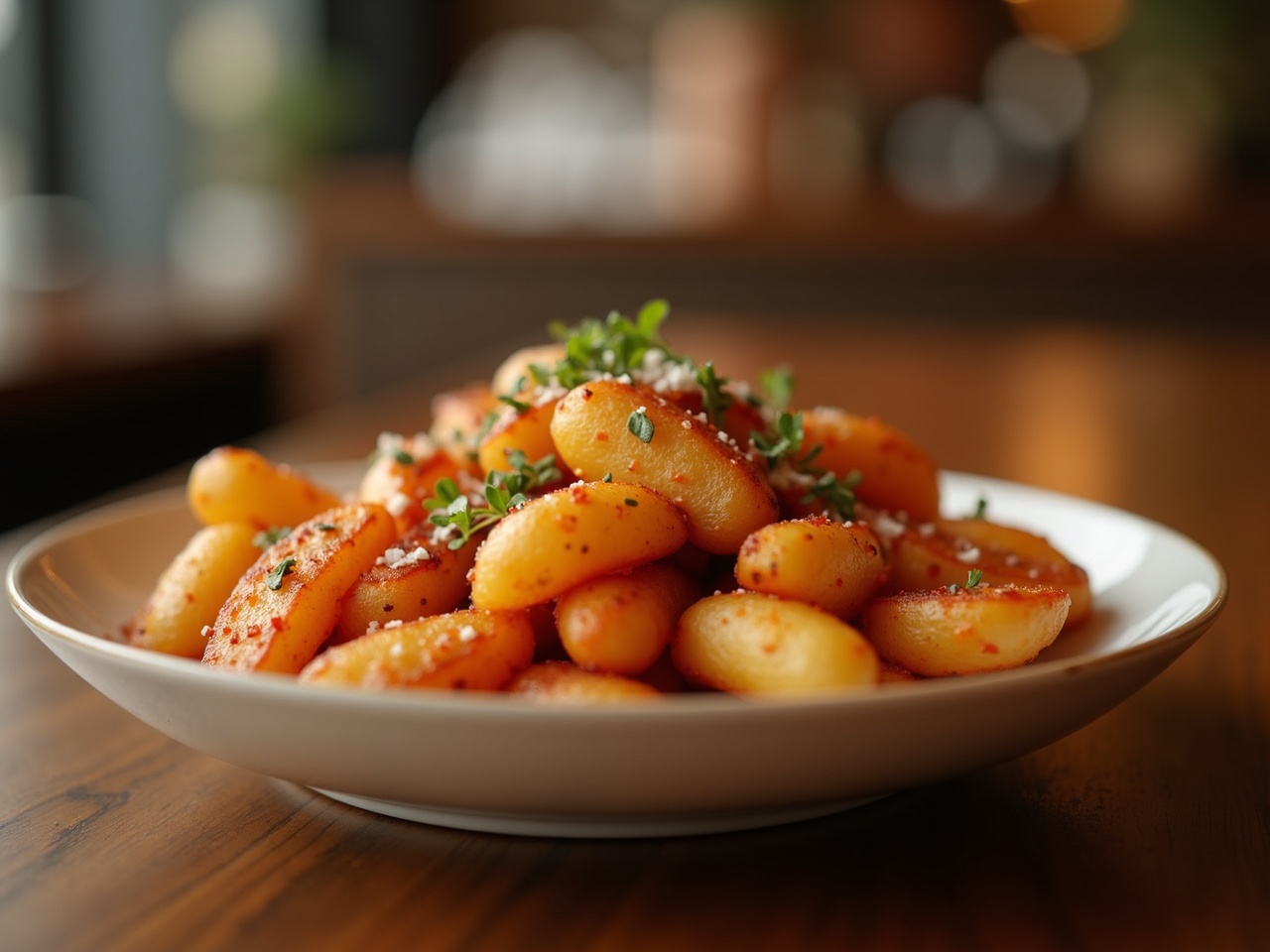 Cuenco de patatas bravas con alioli y salsa roja, mesa de madera