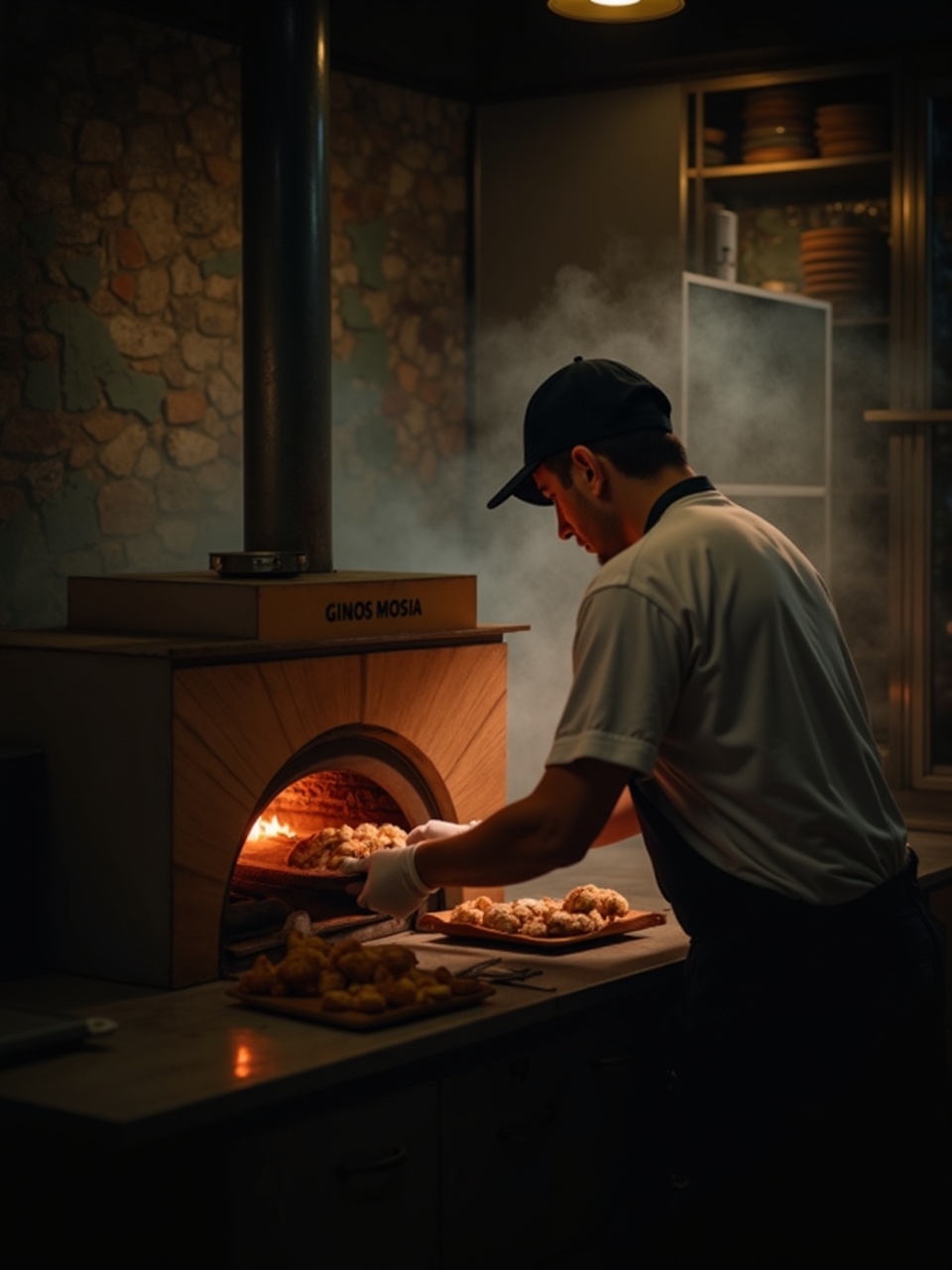 Horno de leña de ladrillo refractario visto desde la cocina, brasas encendidas, cocinero cargando leña